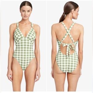 Robin Piccone Jemma V Neck One Piece Swimsuit in Agave Gingham Size 8